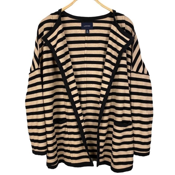 Lands' End MEDIUM Women's Long Sleeve Cotton Cardigan Sweater Black/Tan Striped - Picture 1 of 5